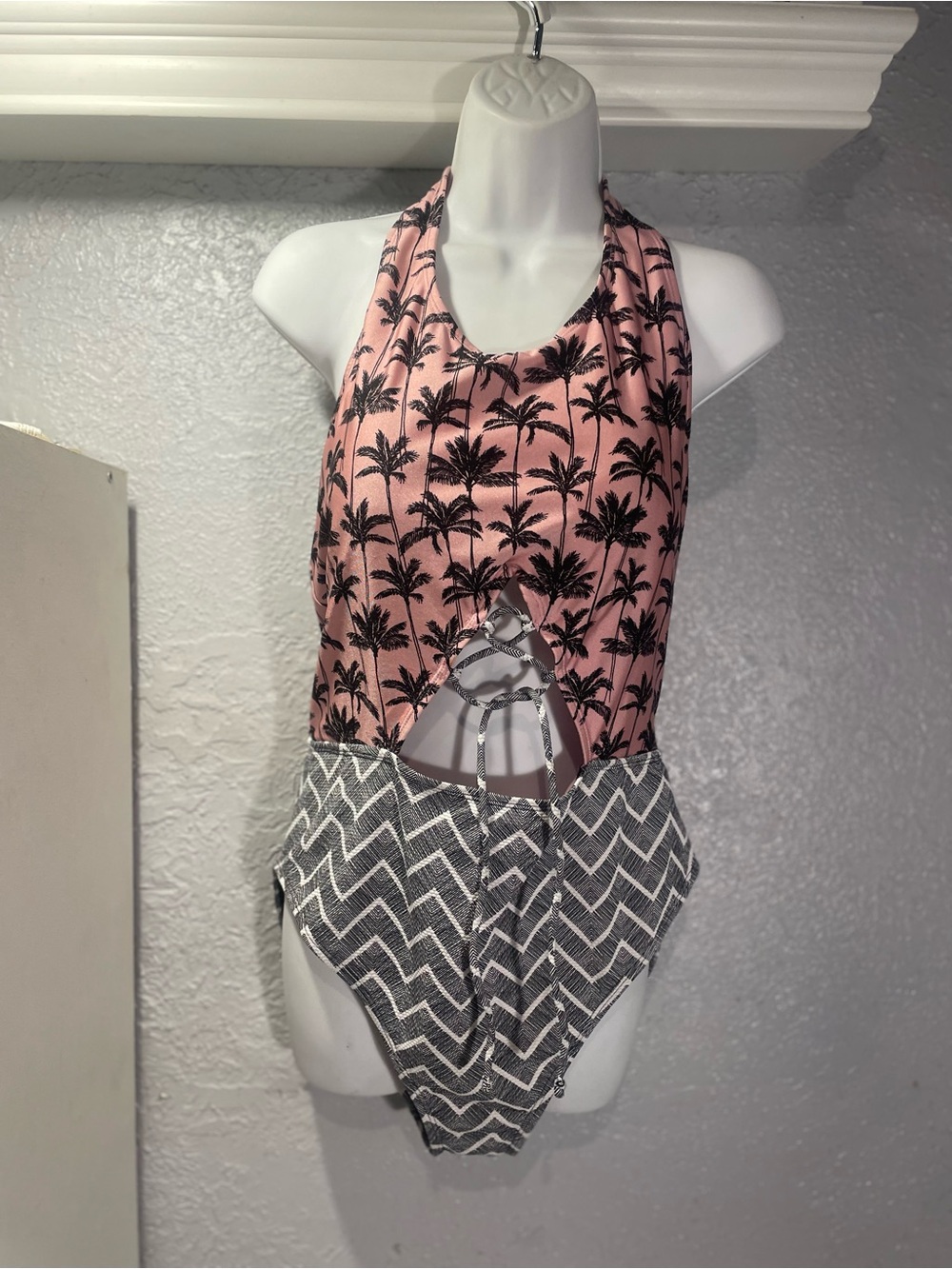 No Boundaries Pink Palm-Print Halter One-Piece Swimsuit with Gray Chevron Bottom